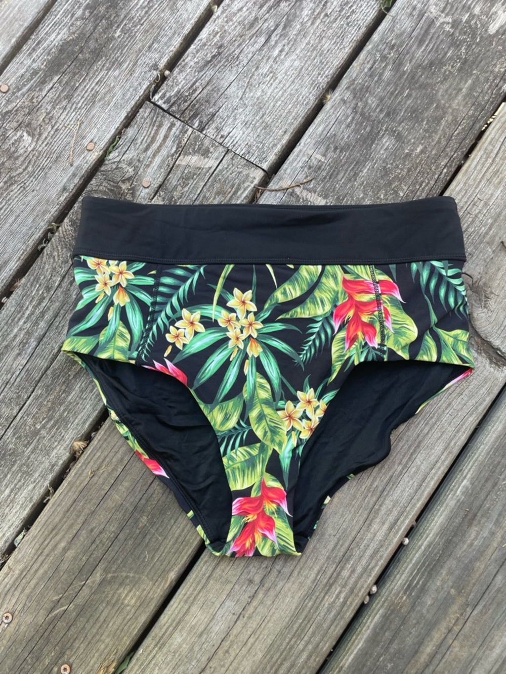 Black Tropical High-Waist Bikini Bottom